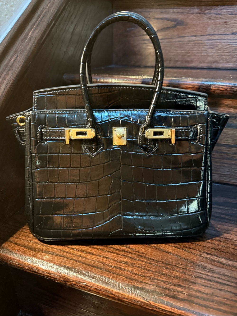Black Croc-Embossed Top-Handle Bag with Gold Hardware